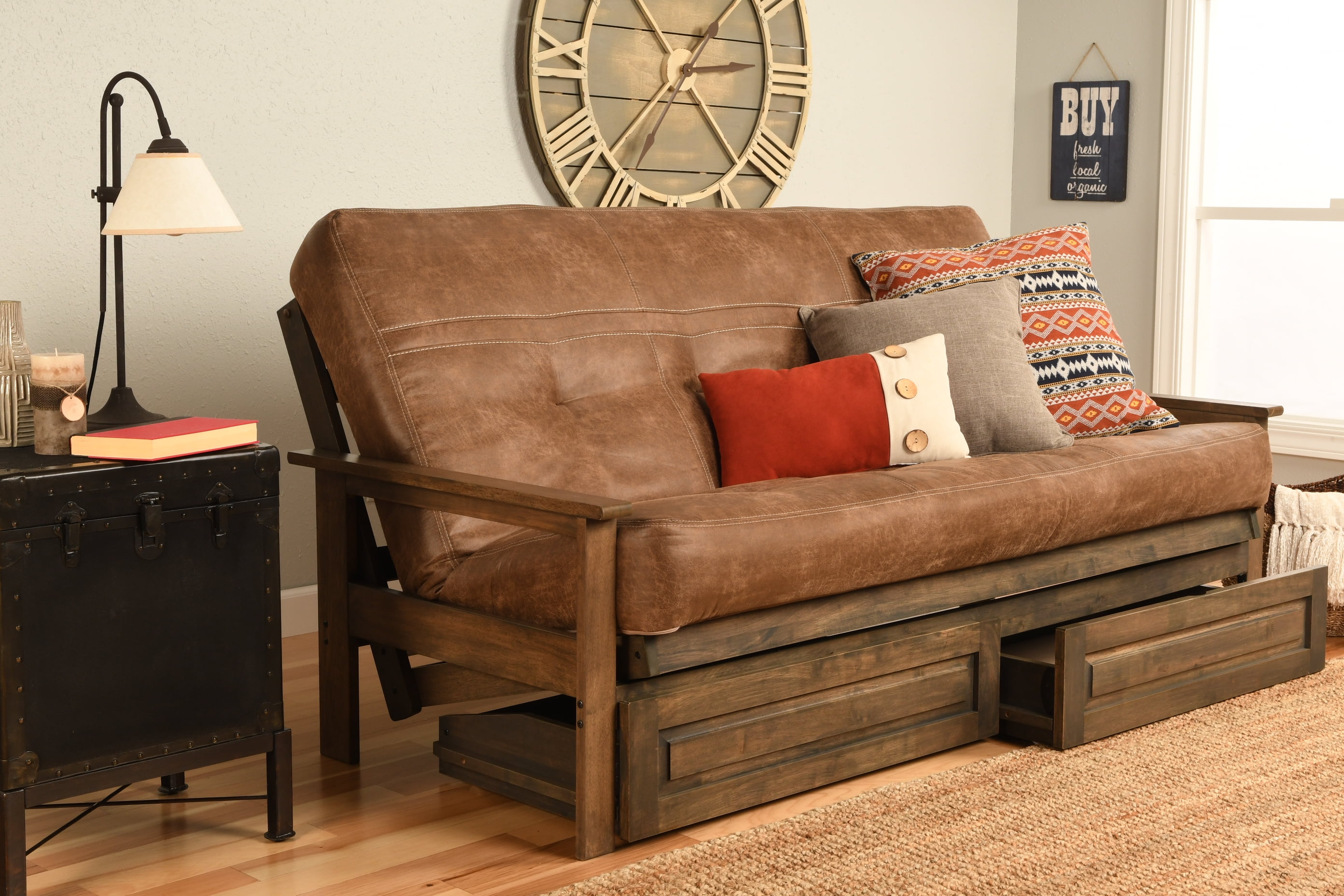 Albany Futon with storage in Rustic Walnut Finish, Multiple Colors