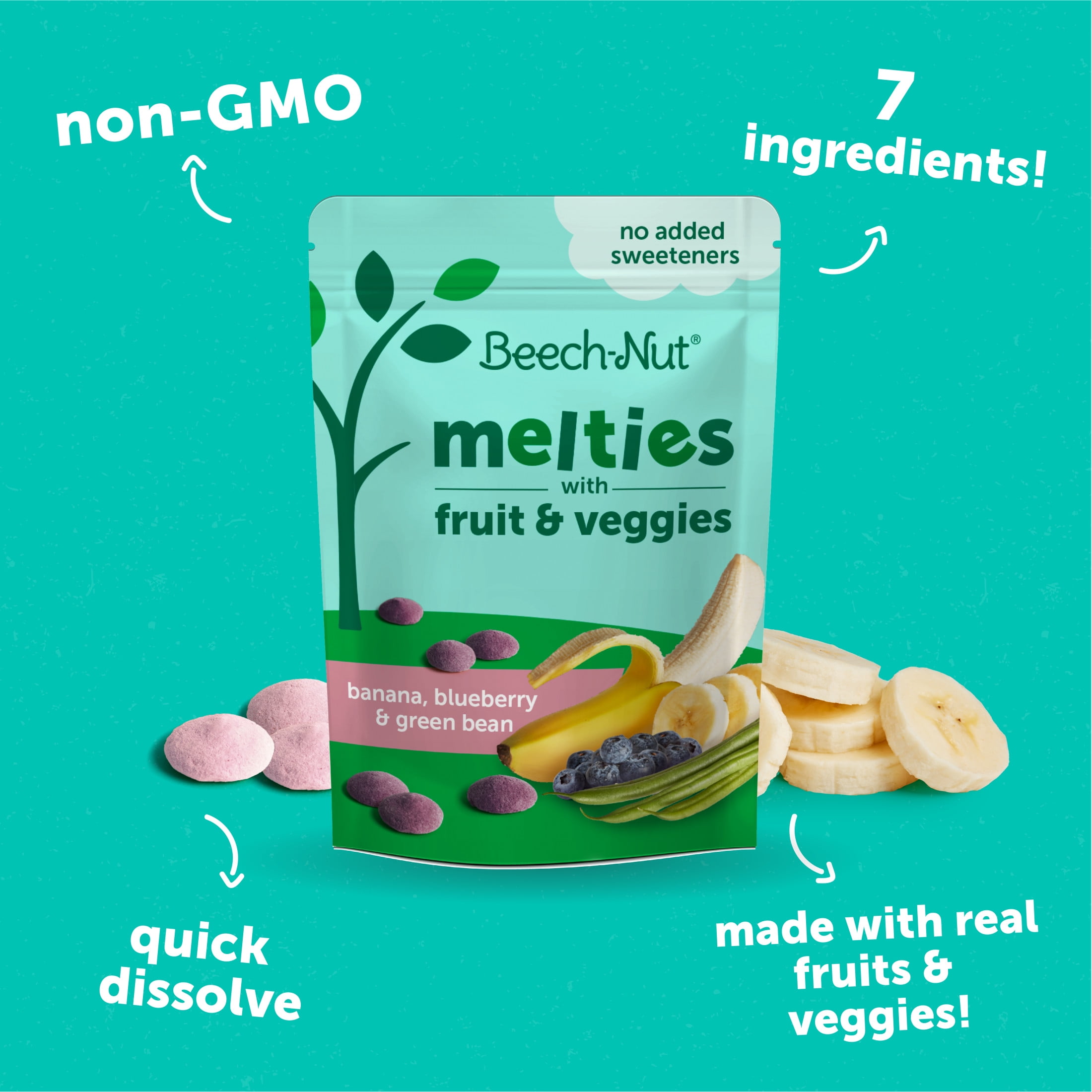 (4 pack) Beech-Nut Melties Banana Blueberry & Green Bean Melts Baby & Toddler Snack, 1 oz Bag