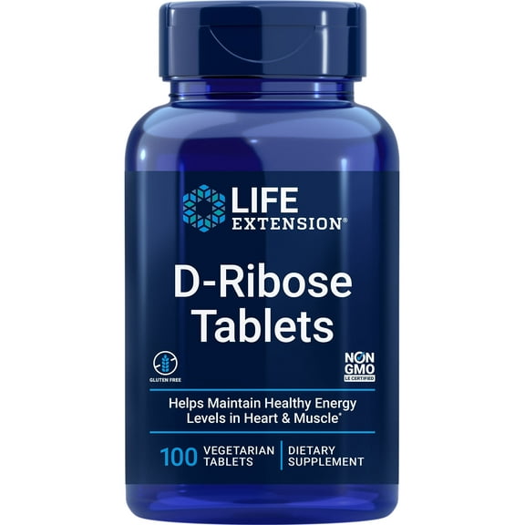 Life Extension D-Ribose Tablets, plus calcium, helps maintain healthy energy levels in heart and muscle, encourages the production of ATP, gluten-free, non-GMO, vegan, 100 vegetarian tablets