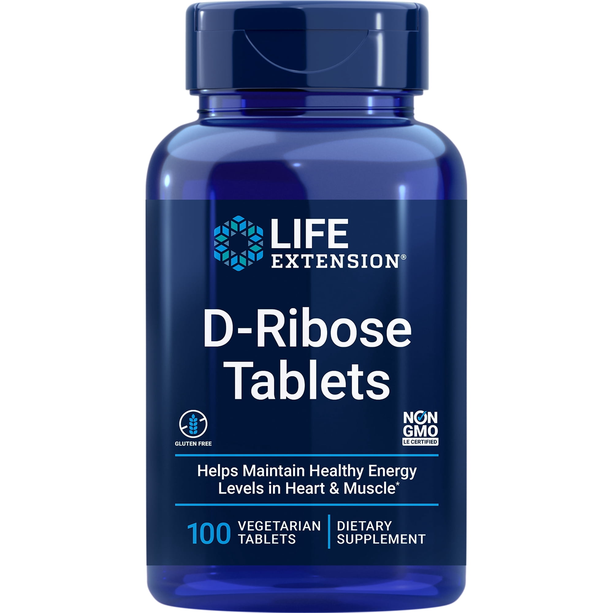 Life Extension D-Ribose Tablets, plus calcium, helps maintain healthy energy levels in heart and muscle, encourages the production of ATP, gluten-free, non-GMO, vegan, 100 vegetarian tablets