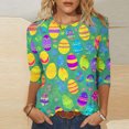 thumbnail image 1 of Daisyyozoid Chandail Amusant de Pâques pour Femmes, T-Shirt Décontracté à Imprimé d'Oeufs Colorés, Extérieur, Quotidien, Vacances, Manches 3/4, Col Ras du Cou, Vêtement, 1 of 5