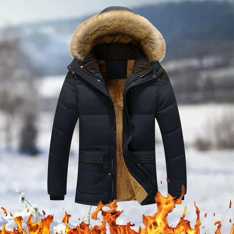Men Synthetic Leather Overcoat Fur Lined Thick Coat Hooded Jacket