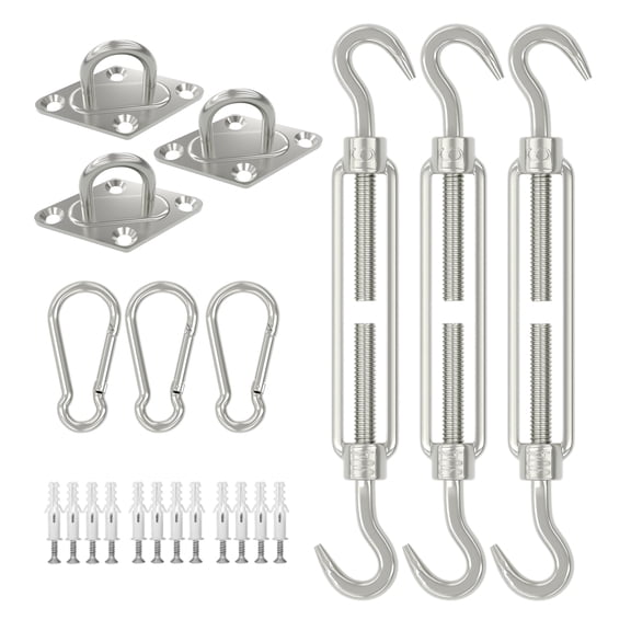 Shade Sail Hardware Kit, 6 Inch Outdoor Sun Sail Accessories, 304 Stainless Steel Turnbuckles & Brackets for Triangle Sails, Heavy Duty Awning Attachment Set (33 Pcs)