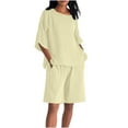 thumbnail image 2 of Roncen Women's Linen Cotton Casual Set - Solid Color Round Neck 3/4 Sleeve Top with Elastic Waist Shorts, Comfortable and Stylish Summer Outfit, 2 of 9