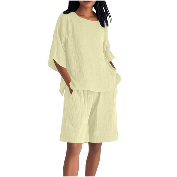 dazeni Oversized Pajamas for Women Set Cotton Linen Soft Breathable PJ Sets with Pockets 2 Piece Shorts Nightwear Sleepwear S-5XL