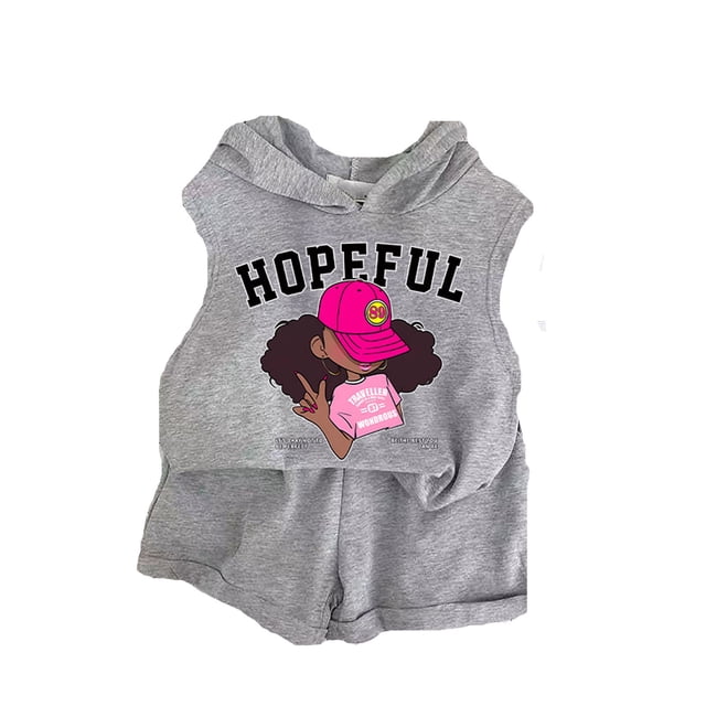 Hiiyo Ensemble 2 Pcs pour Filles, Débardeur à Capuche Sans Manches à Motif et Short, Survêtement