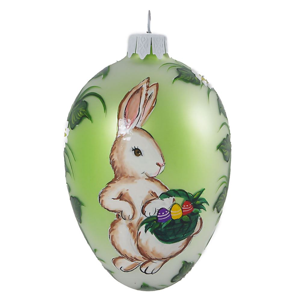 "Bunny With Gifts" Hand Blown Glass Easter Egg Ornament.