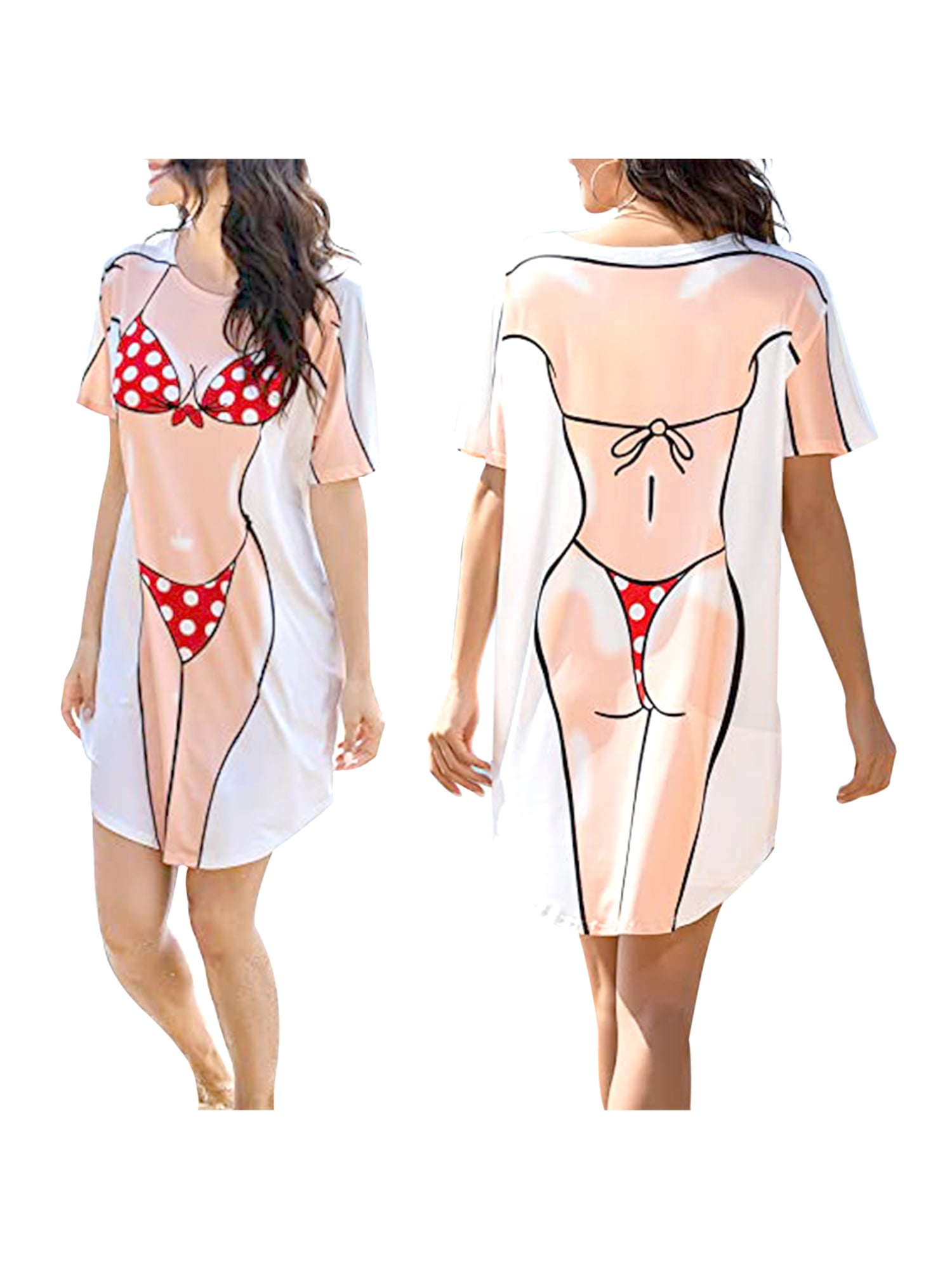 Seyurigaoka Women Funny Bikini Print Tops Dress, Casual Short Sleeve Mini Dresses, 3D Bikinis Set Pattern Loose Fit Shirt Skirts Beachwear Bikini