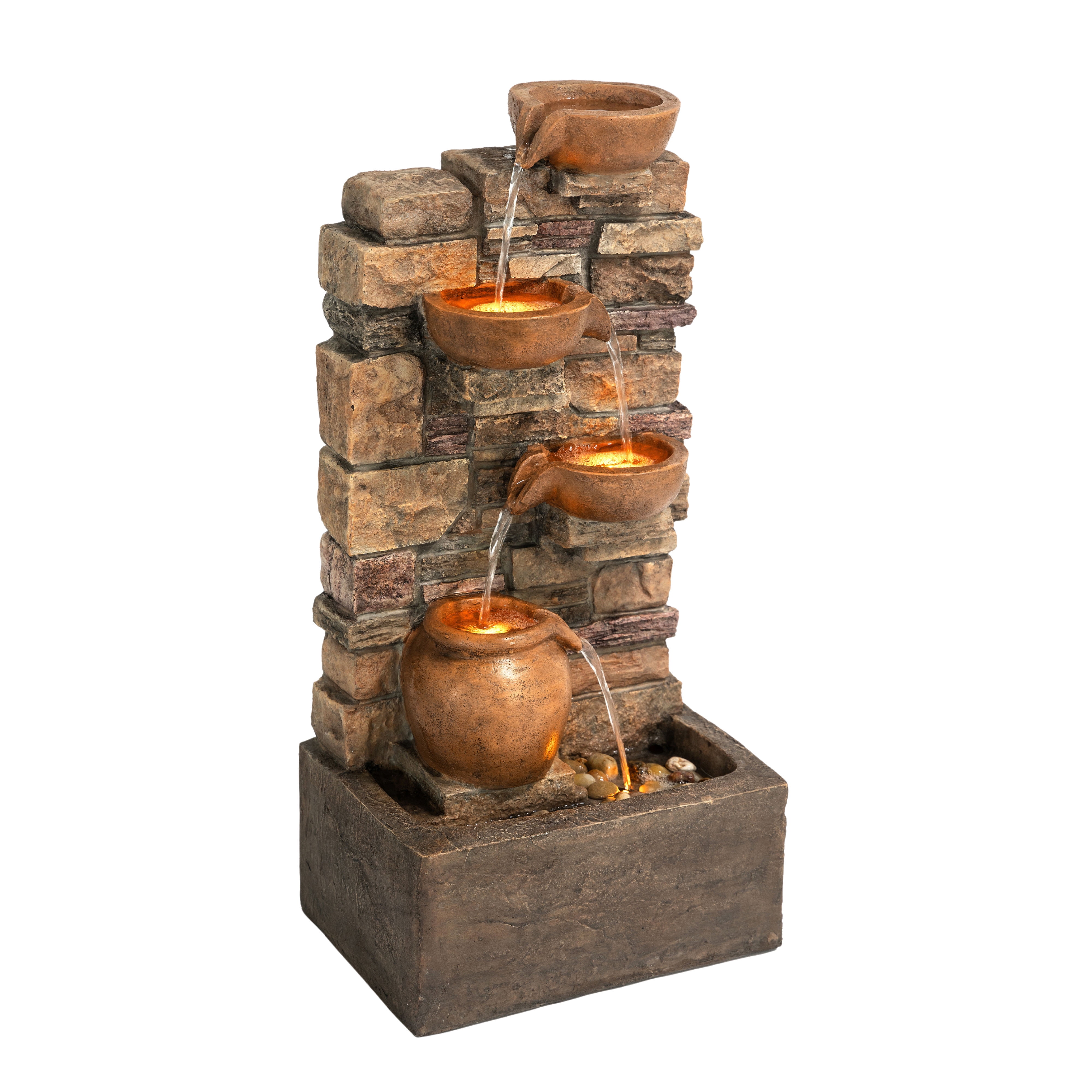 Teamson Home 28.5" Outdoor 4-Tier Stacked Stone Cascading Water Fountain with LED Lights, Brown