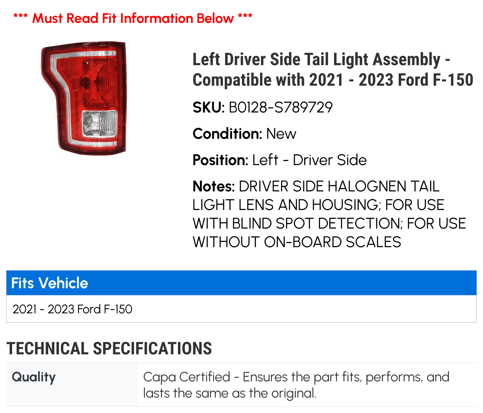 Left Driver Side Tail Light Assembly - Compatible with 2021 - 2023 Ford F-150 2022