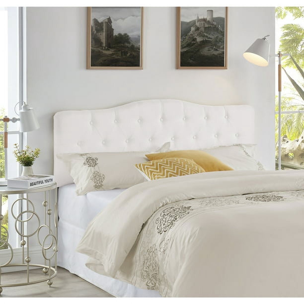 Naomi Home Cassandra Queen size headboard only, Height Adjustable Queen Size Headboard, Button Tufted Headboard with 12 Positions, Metal Legs, Wall/Bed Mount, Linen Fabric headboard Queen, White