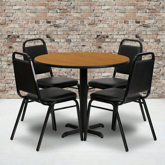 Emma   Oliver 36"RD Natural Laminate Table Set-X-Base & 4 Black Banquet Chairs