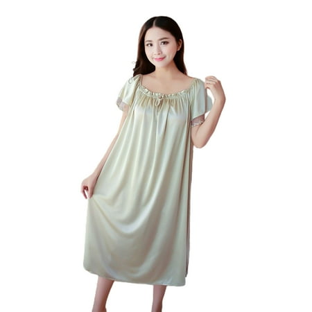 

harmtty Women Pajamas Solid Color Short Sleeves Lace Patchwork Loose Type Lightweight Women Sleeping Dress for Adult Champagne