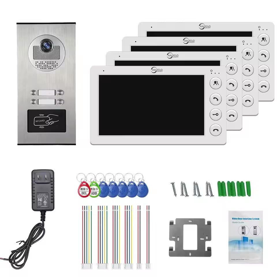 Video Apartment Intercom System,4 Units 7 inch Monitor Wired Video Door Phone Kit,Indoor Outdoor Video Doorbell,ID Keyfobs Unlock,2 Way Audio,6-Screen for Home Apartment