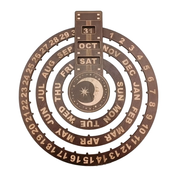LAMIRO Wooden Rotating Circular Perpetual Calendar Moon Tree Sun Round Dial Perpetual Calendar Wall Hanging Calendar for Desk Wall Decor