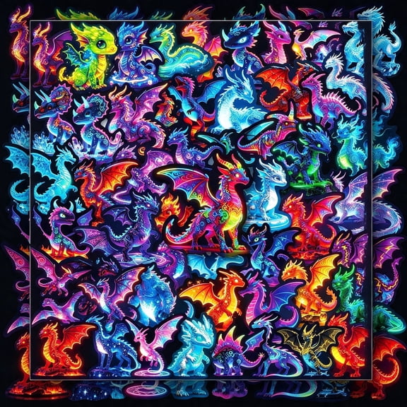 CCOCC 56Pcs Cool Neon Dragon Stickers Pack,Prizes for Kids Classroom Reward,Waterproof Vinyl Dragon Stickers for Water Bottles Laptop Skateboard Scrapbooking Journaling Notesbook Luggage Etc