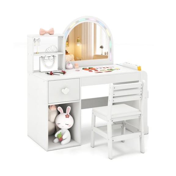 Furnibear Kids Vanity Table and Chair Set with Lighted Tri-Fold Mirror for Girls Aged 3 Years featuring a Makeup Desk for the Bedroom, White