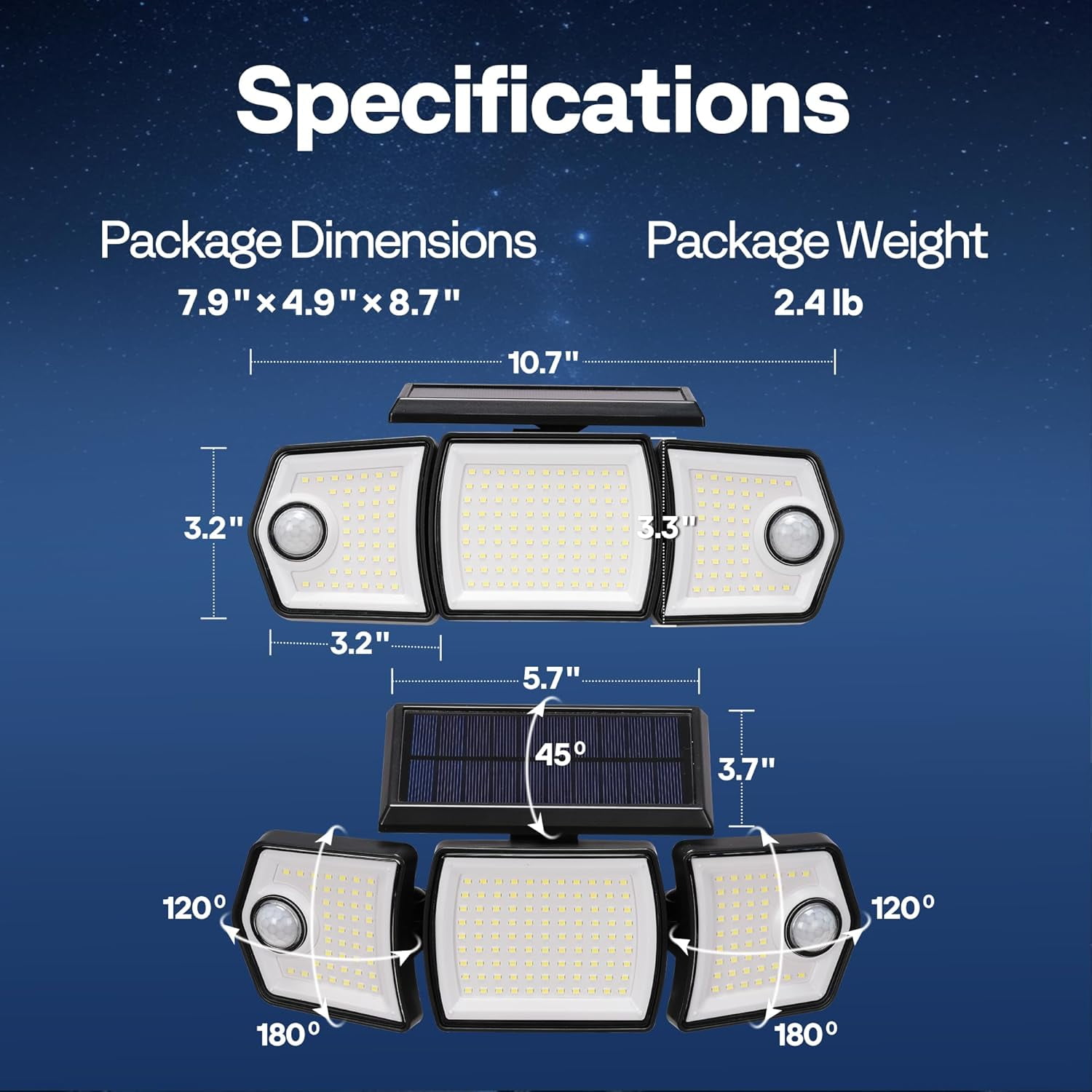 SPECSTAR Linkable Solar Flood Lights Outdoor, 2 Adjustable Motion Sensors Security Lights with 3 Heads, 2500LM, IP65 Waterproof, Solar Powered for Outside, Yard, Porch, Patio, 2 Pack