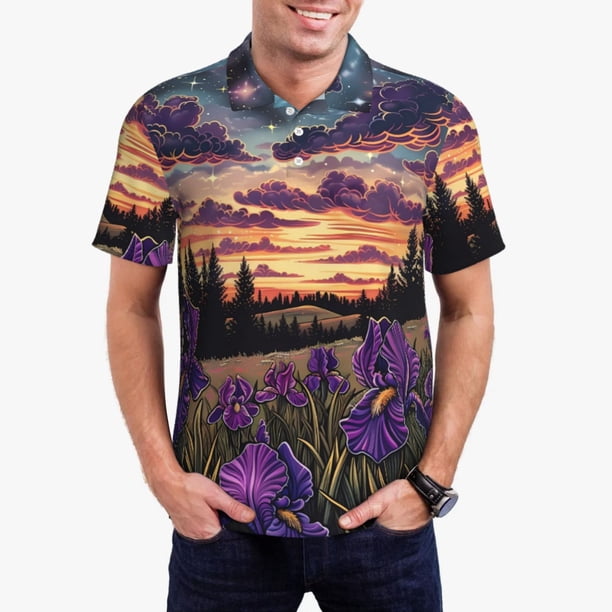 Balery Starry Night Purple Irises Camisa Polo de Hombre con Estampado, de Manga Corta y Tejido Medio, Camisa Tipo Golf Polo-X-Large