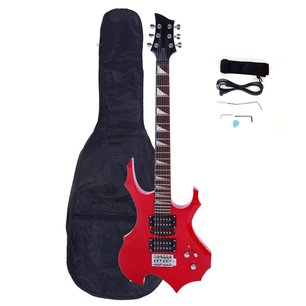 Private Jungle Novice Flame Shaped Electric Guitar, 6 String Beginners Guitar with Carrying Bag, Red