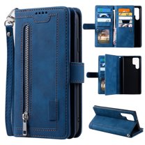 SaniMore for Samsung Galaxy S23 Ultra 6.8" 2023 Case, Prumium PU Leather Zipper Wallet Card Slots Cash Pocket Flip Kickstand Lanyard Anti-drop Shcokproof Full Body Wrap Business Case, Darkblue