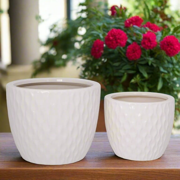 Beylin White Gloss Ceramic Planter Set (Set of 2)