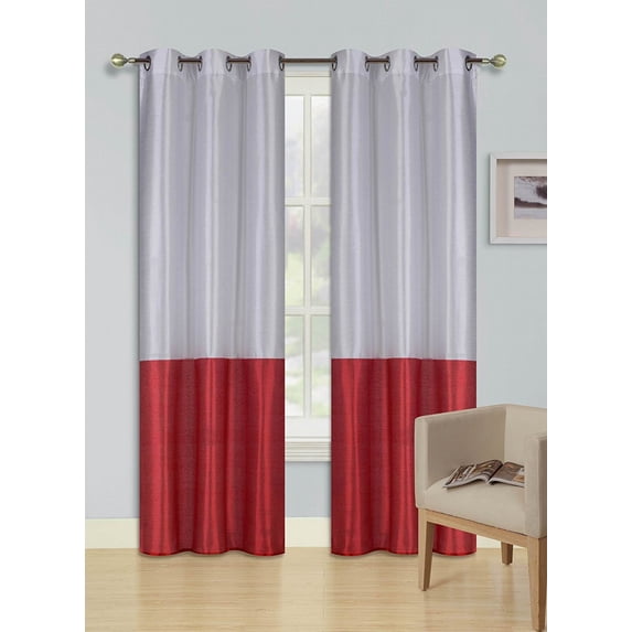 2pc WHITE RED HEIDI Faux Silk Drape Panel Top Chrome Metallic Grommet Window Curtain Treatment Drape 2 Shade 37 wide x 84 length
