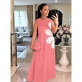 thumbnail image 4 of Women Casual Sleeveless Dresses Crewneck Patchwork Floral Midi Dress Coral Color L, 4 of 8