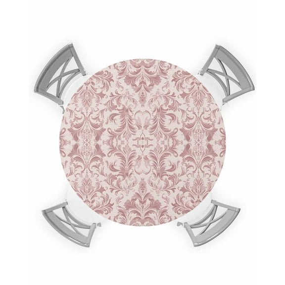 nqOlkjepod Pink Baroque Round Tablecloth, Fitted Table Cover with Elastic for 45"-54" Round Tables, Farmhouse Scroll Floral Damask Patterned Table Cloth Outdoor Dinning Party Waterproof Tablecloths