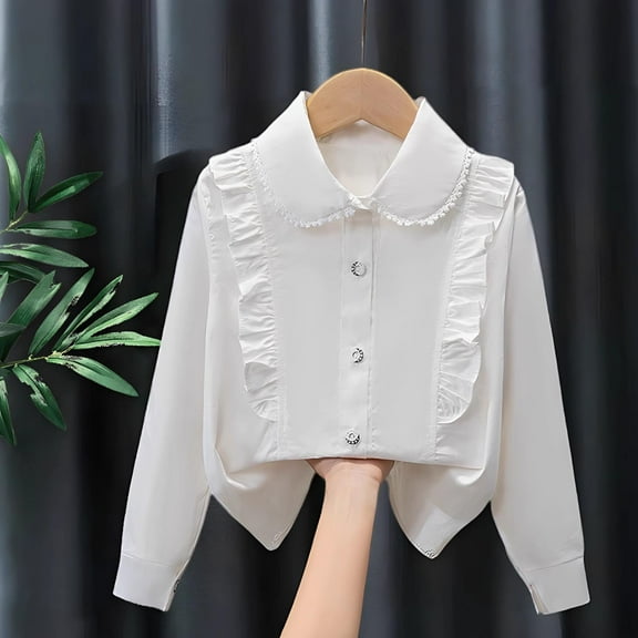 Bnwani Long Sleeve Toddler Shirts Girls Cotton White Lapel Thin Casual Solid Printed Tops 3-4t