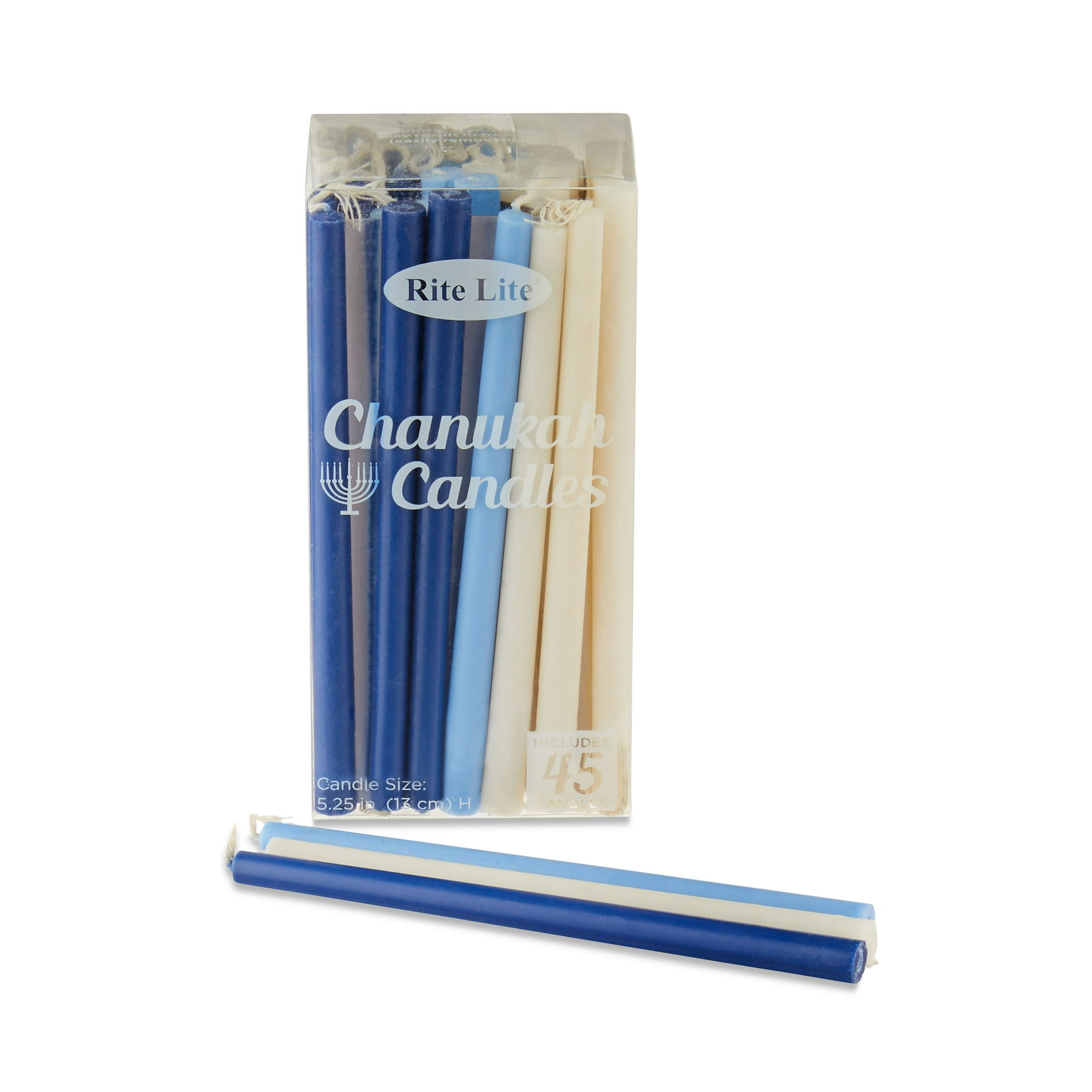 A box of dark blue, light blue, and white menorah candles
