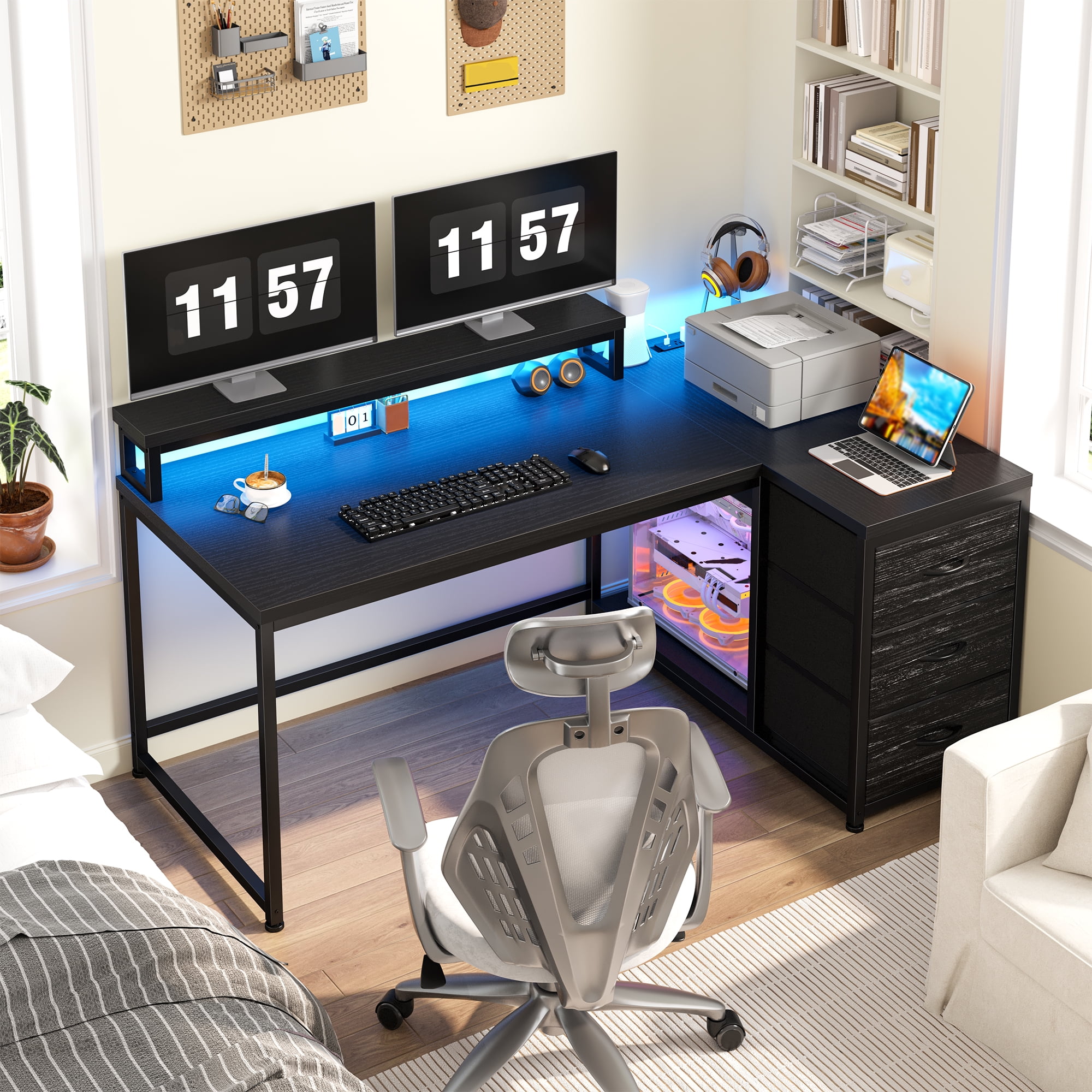 Romorgniz Gaming Desk Computer Desk with LED Lights & Power Outlet Reversible l Shaped Desk with 3 Drawers 48"L Office Desk with Monitor Stand for Gaming Room,Home Office,Bedroom,Black