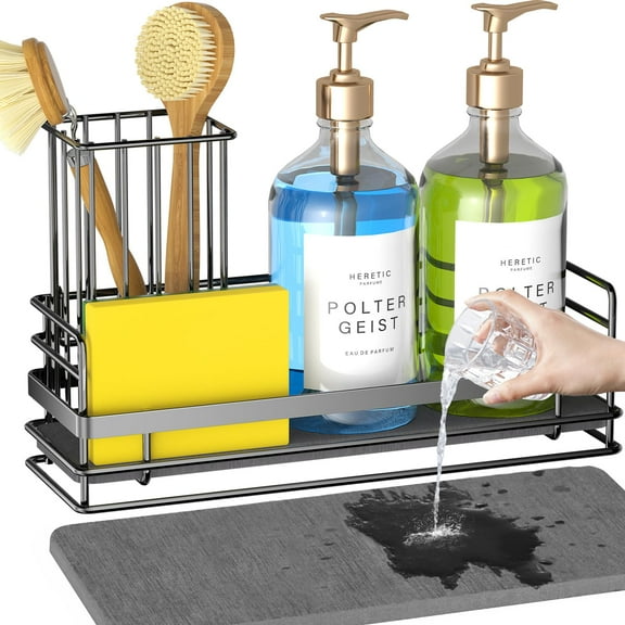 ZDM Kitchen Sink Caddy: Sink Sponge with Instant Drying Stone, Metal Stainless Steel Dish Sponge Holder Basket for Sponges, Scrubbers, Soap, 9.5" X 5.5" X 5.7" Home Decor Storage and Organization