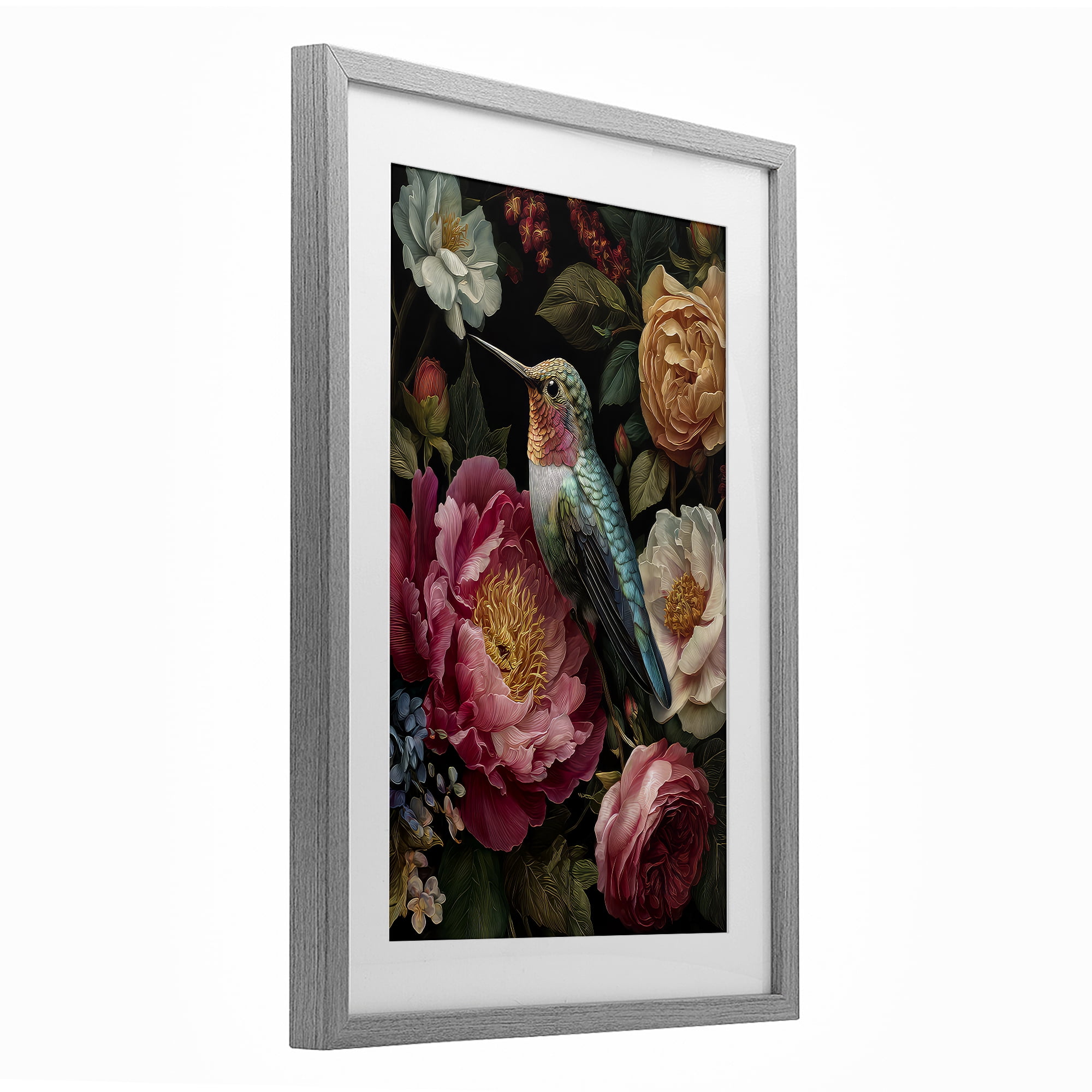 Stupell Industries Hummingbird & Lush Blooms Gray Framed Print Under Glass, design by The Wands Want