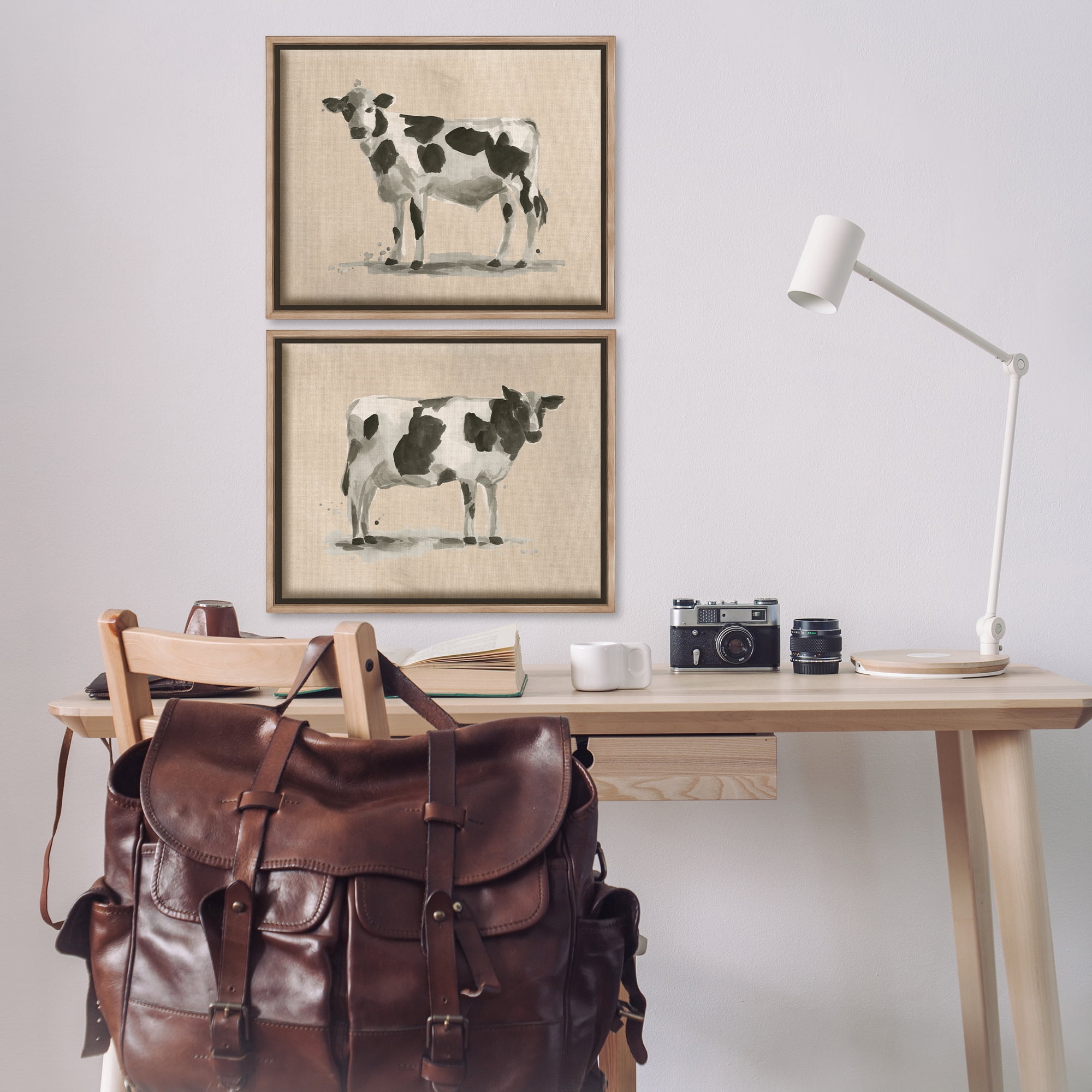 Stupell Industries Beige Holstein Cow Portrait Animals Painting Brown Floater Framed Canvas Art Print Wall Art, 21 x 17, Set of 2