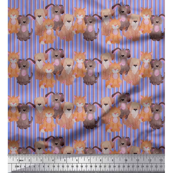 Soimoi Blue Cotton Duck Fabric Stripe & Dog Decor Fabric Printed Yard 42 Inch Wide