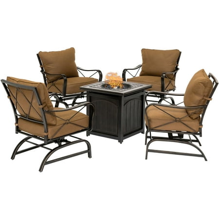 Fire Pit Tables And Chairs Sets Hanover Summer Nights 5-Piece Fire Pit Chat Set in Desert Sunset with 4 Cross-Back Rockers and a 26-In. Square Fire Pit Table ()