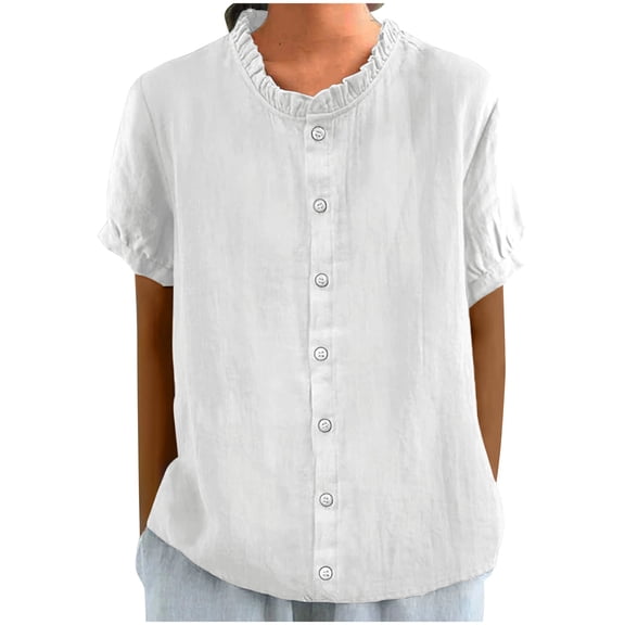 Lenpel Women's Button down Shirts Short Sleeve Ruffle Crew Neck Cotton Linen Tops Casual Loose Summer Blouses