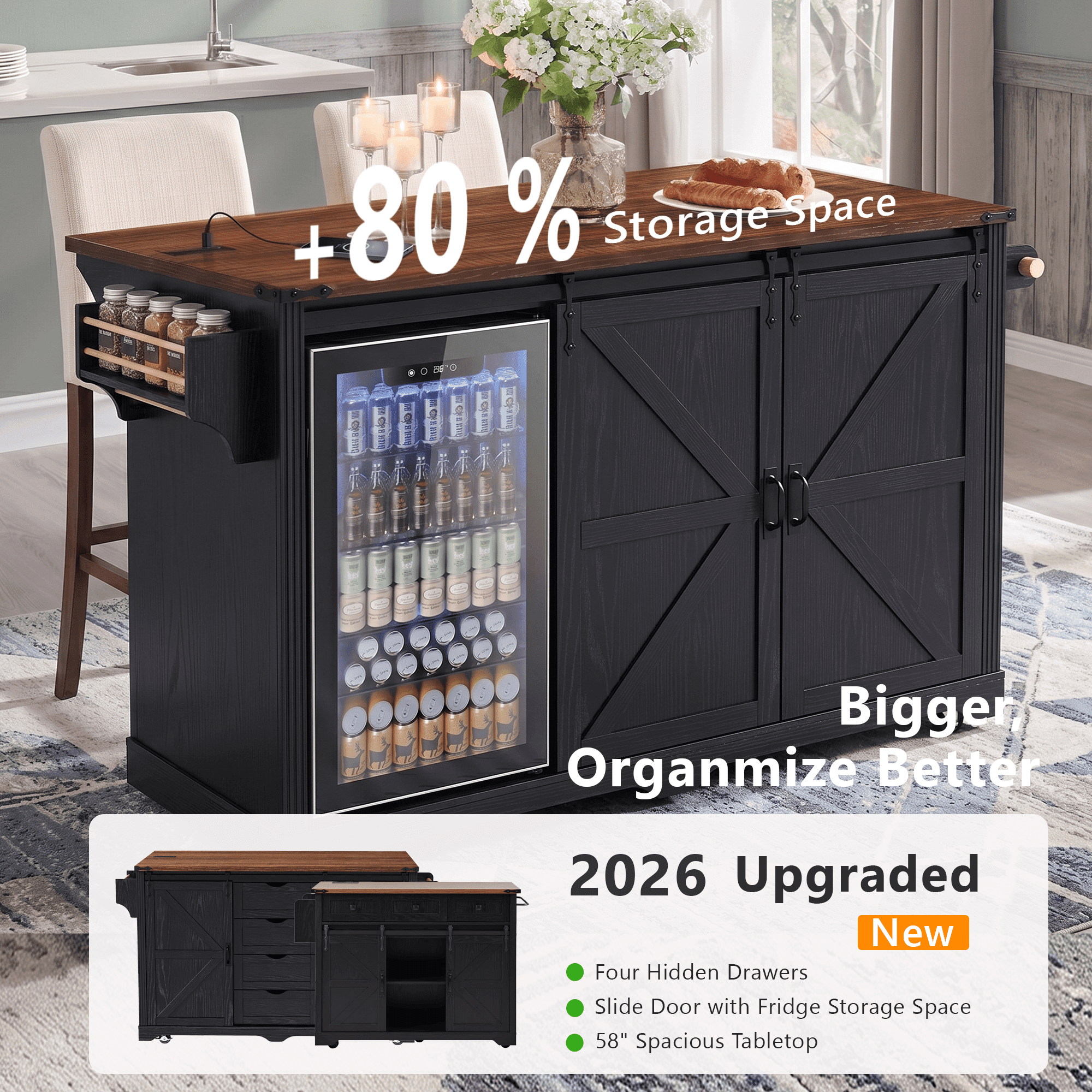 Homy Casa 72" Farmhouse Kitchen Island with Drop Leaf, Power Outlet and 2 Mini Fridge Bays, Black