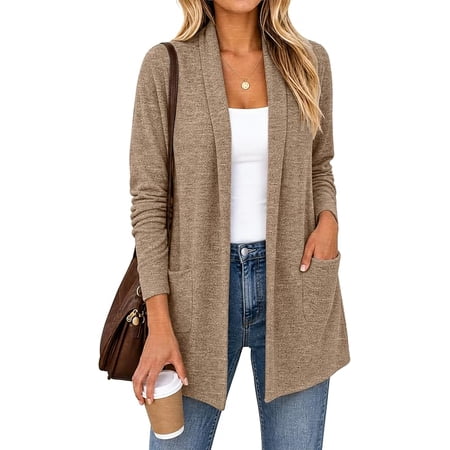 JWD Women's Open Front Cardigan with Pockets Long Sleeve Lightweight Casual Sweater Light Yellow L
