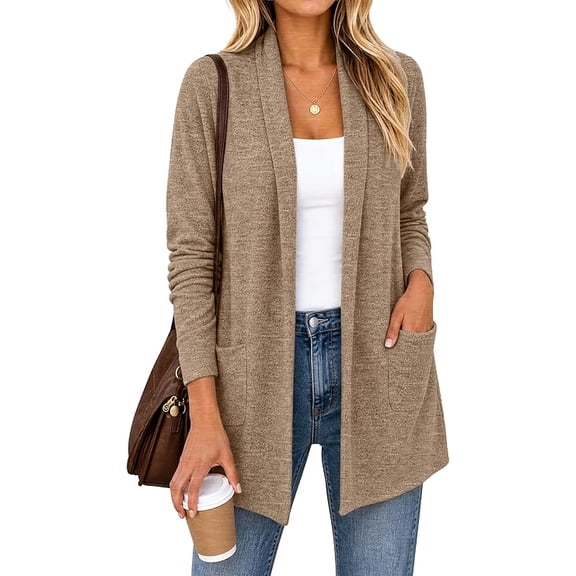JWD Women's Open Front Cardigan with Pockets Long Sleeve Lightweight Casual Sweater Light Yellow L
