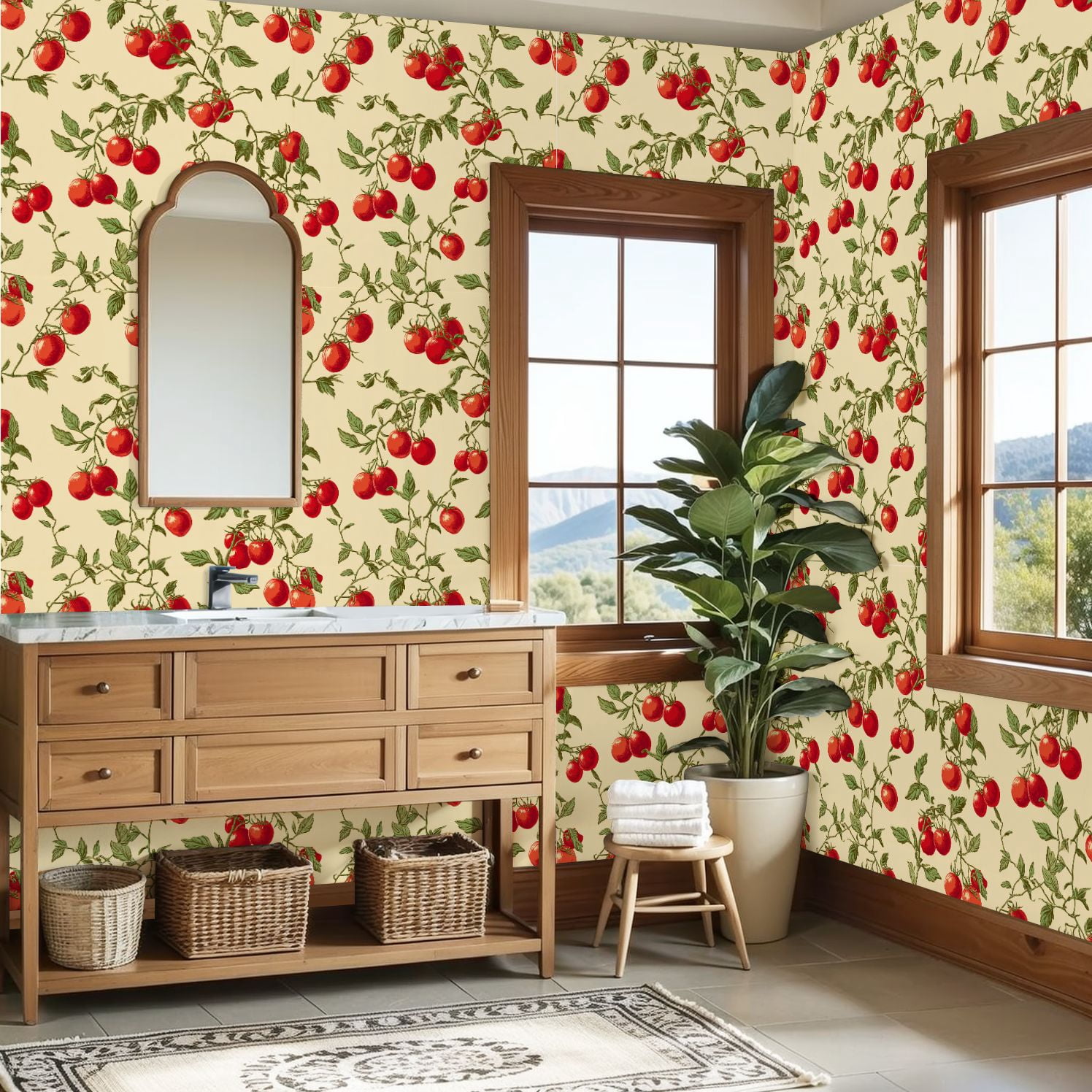 Peel and Stick Wallpaper Vintage Tomato Vine Red Tomatoes Cream floral Wall Mural 23.6in x 9.8ft Self Adhesive Removable Wall Paper Renter Friendly Wallpaper for Bedroom Kitchen Bathroom