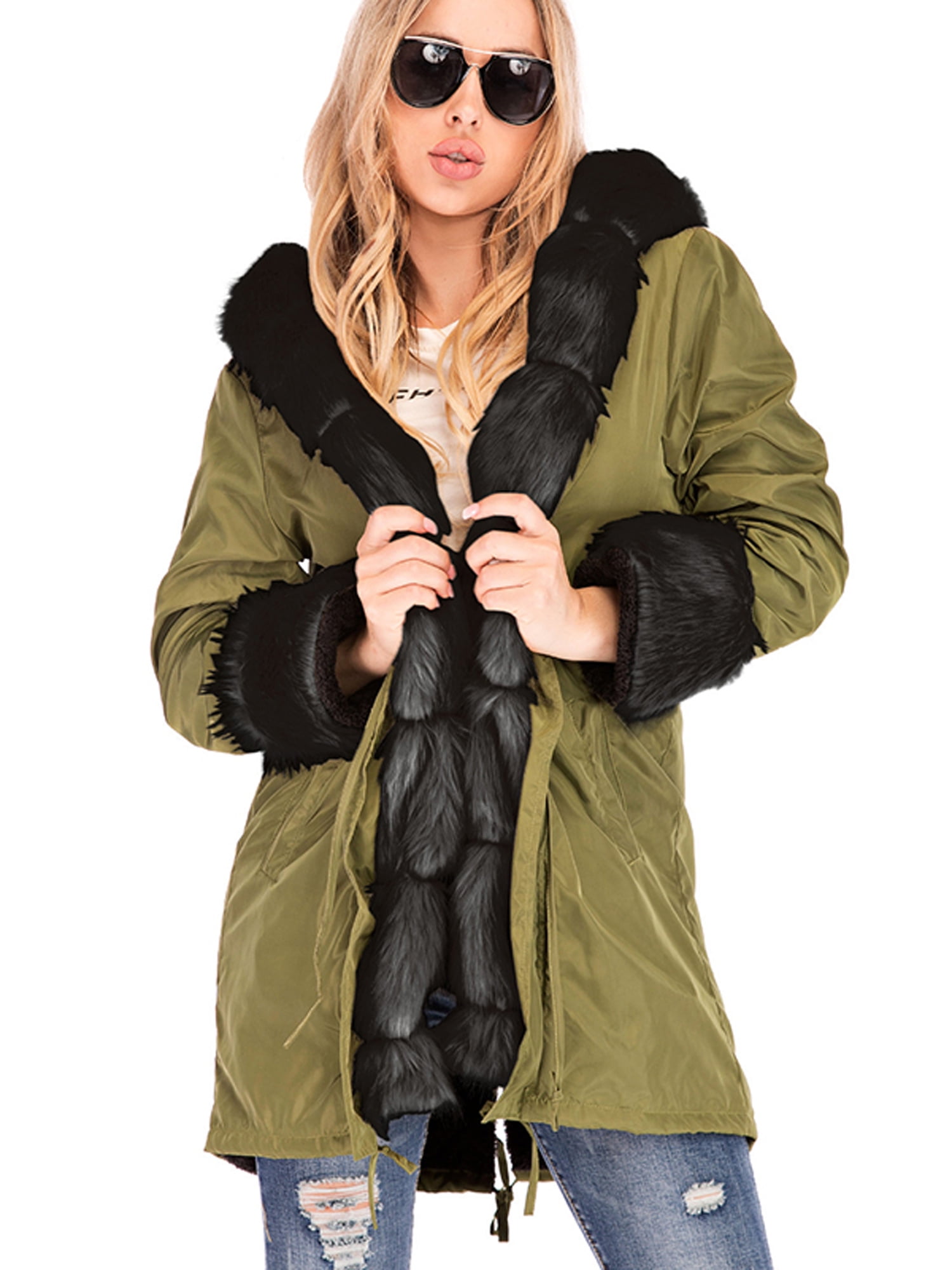Mid-length Jacket with Hooded for Elegant Lady Fur or Faux Fur Zip Pockets Drawstring belt Softshell Outerwear Trench Winter Overcoat Windproof Parka Coat for Women