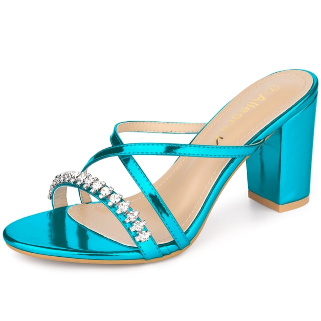 BLISSFUL STEP Women's Crisscross Strap Rhinestone Block Heel Slide Sandals Blue (Size 9)