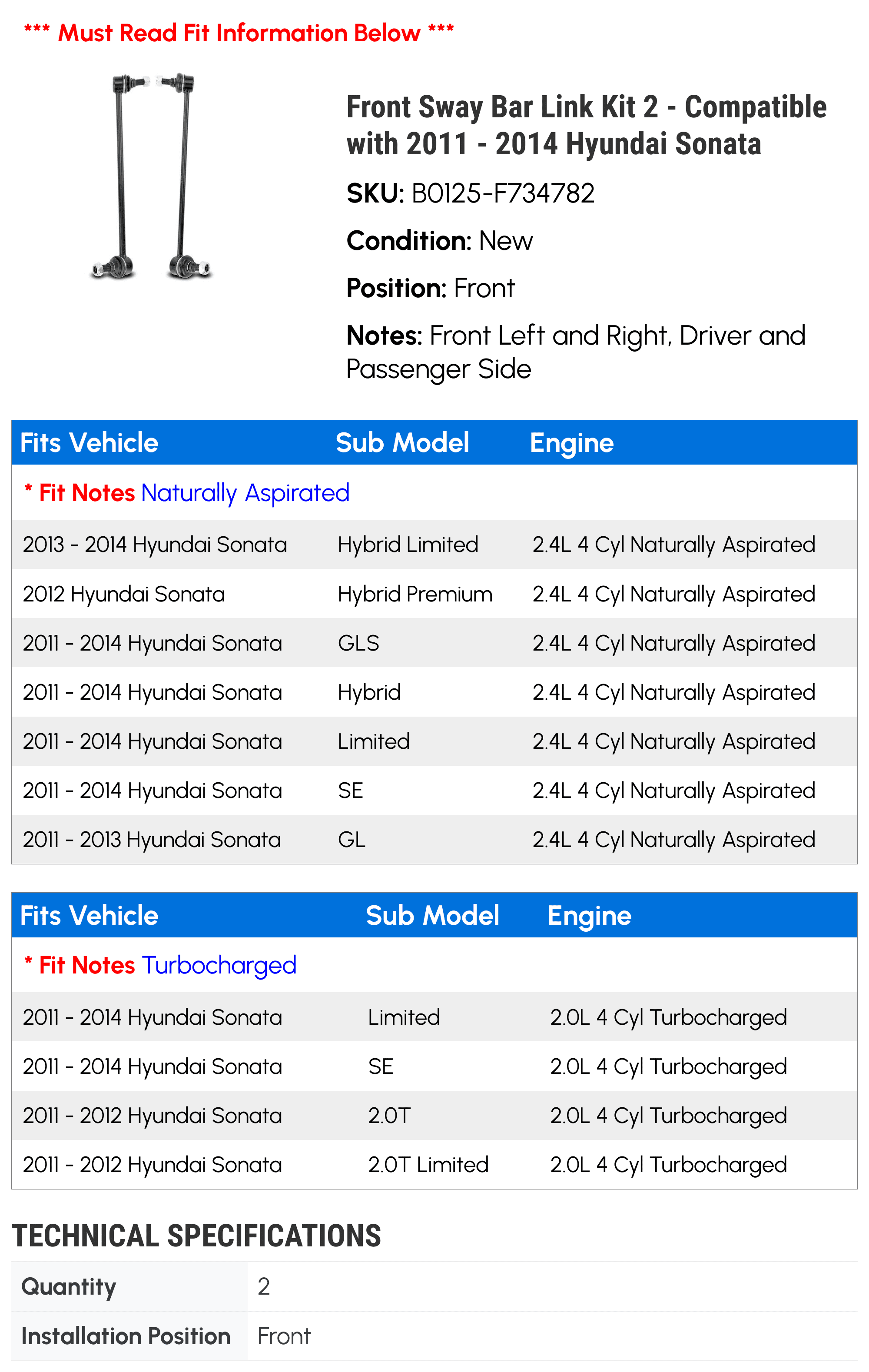 Front Sway Bar Link Kit 2 - Compatible with 2011 - 2014 Hyundai Sonata - Autopart Premium