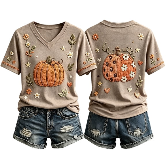 Women's Fall Football Shirts Pumpkin Maple Leaves Patchwork Print T-Shirt Pumpkin Season V Neck Graphic Tee Ginger L
