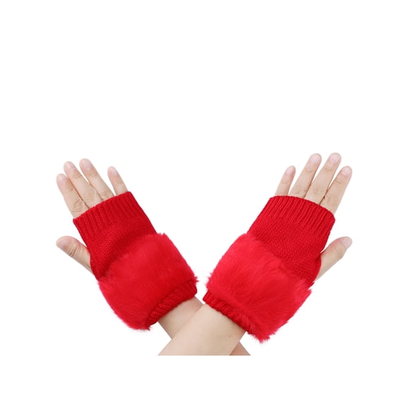 INSPIRE CHIC Women's Elastic Faux Fur Knit Gloves Winter Warm Soft Half Finger Thumb Hole Furry Wrist Sleeves for Windproof Plush Dress Red
