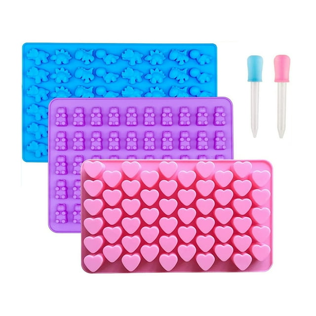 Moldes de silicona para gomitas de ositos, mini moldes para dulces para niños con goteros, forma de donut de dinosaurio y corazón, molde para pastel de fácil liberación