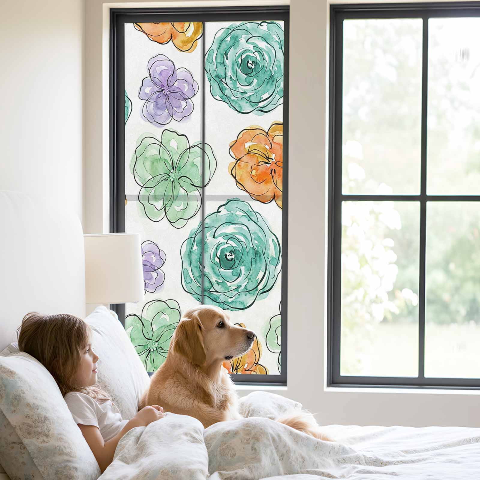 Abstraction Art Window Privacy Film, Watercolors Flowers Minimalist Lines Modern Frosted Glass Window Clings Static Cling UV Heat Blocking Reusable Door Sticker for Bathroom 23.6 x 59 Inch