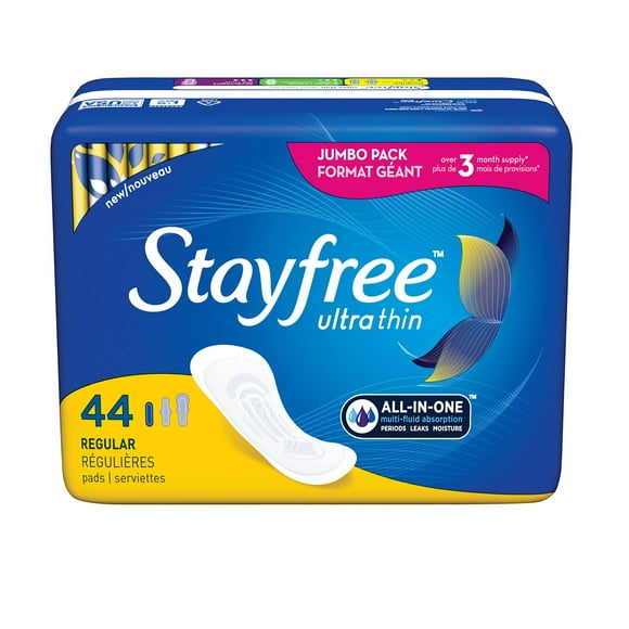Stayfree Tampons Réguliers Ultra Minces pour les Femmes, Protection Fiable et Sans Ailes et Absorbant l'Humidité Féminine, les Fuites et les Règles, 44 Comte - Pack de 4